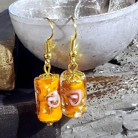 Orange Murano Lampwork Glass Flower Inside Vintage Beads Round Tube Earrings - Picture 3 of 11